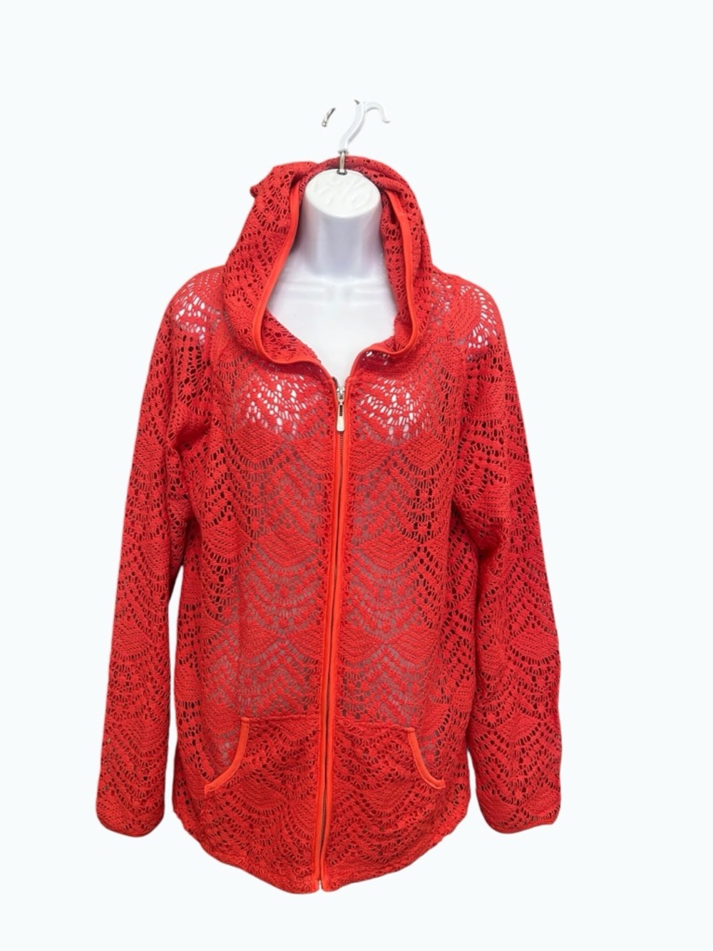 Katie Todd Red Lace Crochet Full-Zip Hoodie Cardigan Size L